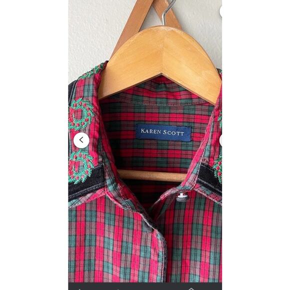 Vintage Karen Scott Petites Plaid Embroidered Shirt PS - Picture 4 of 6